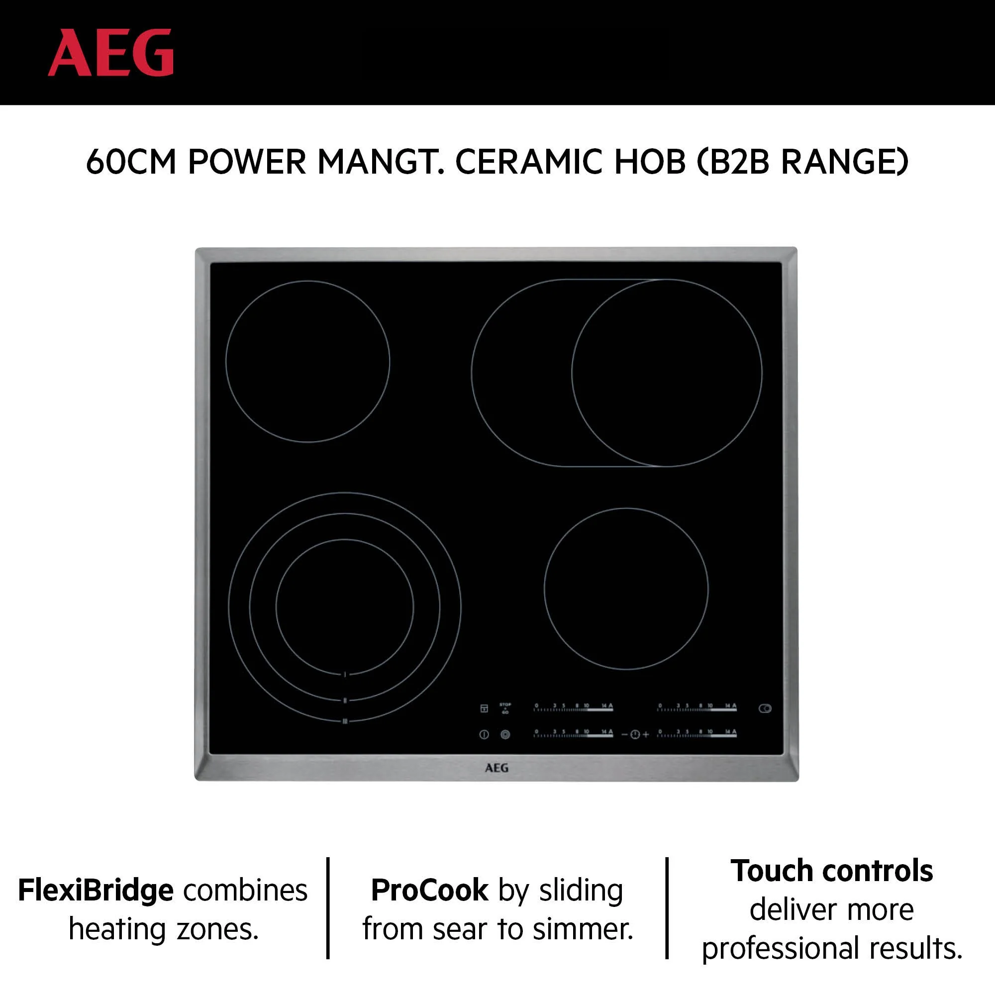 AEG Built-in Electric Ceramic Hobs 60cm, Flexibridge, Procook, Touch controls, Black, HK654071XB - Image 2