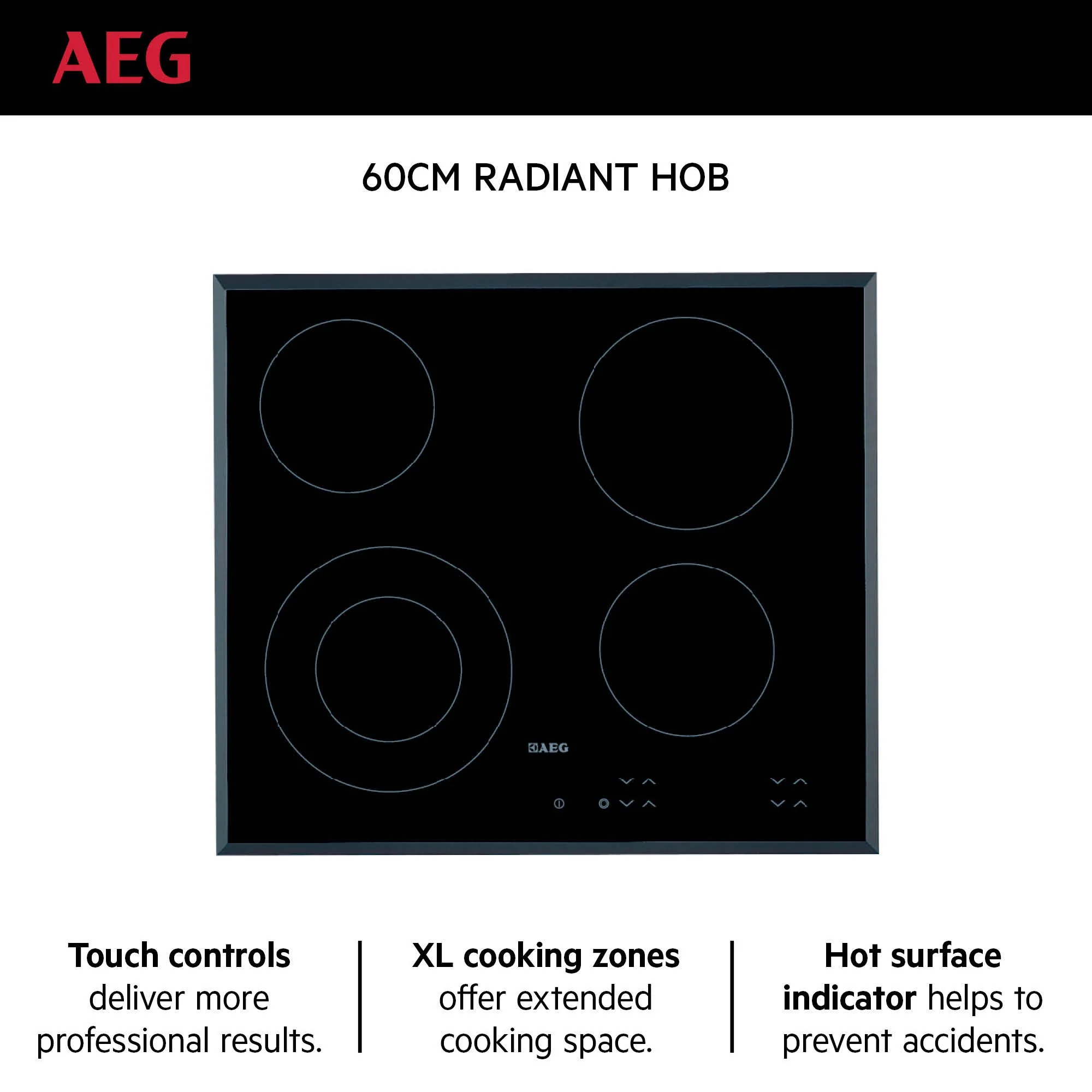 AEG Built-in Electric Hob 60cm, Touch controls, Xl cooking zones, Hot surface indicator, Black, HK624010FB - Image 2
