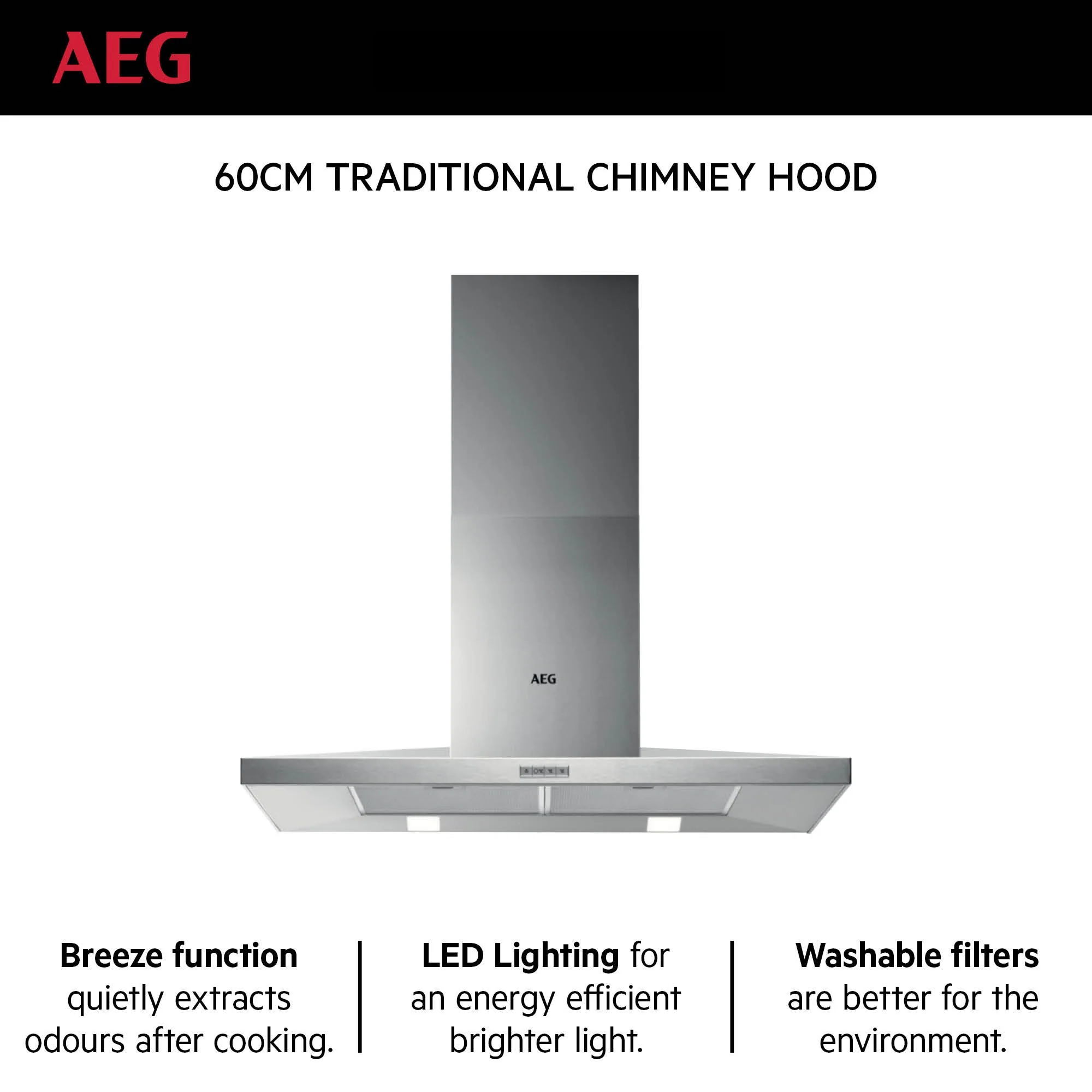 AEG Built-in Traditional Chimney Hood 60cm, Breeze Function, LED lighting, Washable filters, Silver, DKB4650M - Image 3