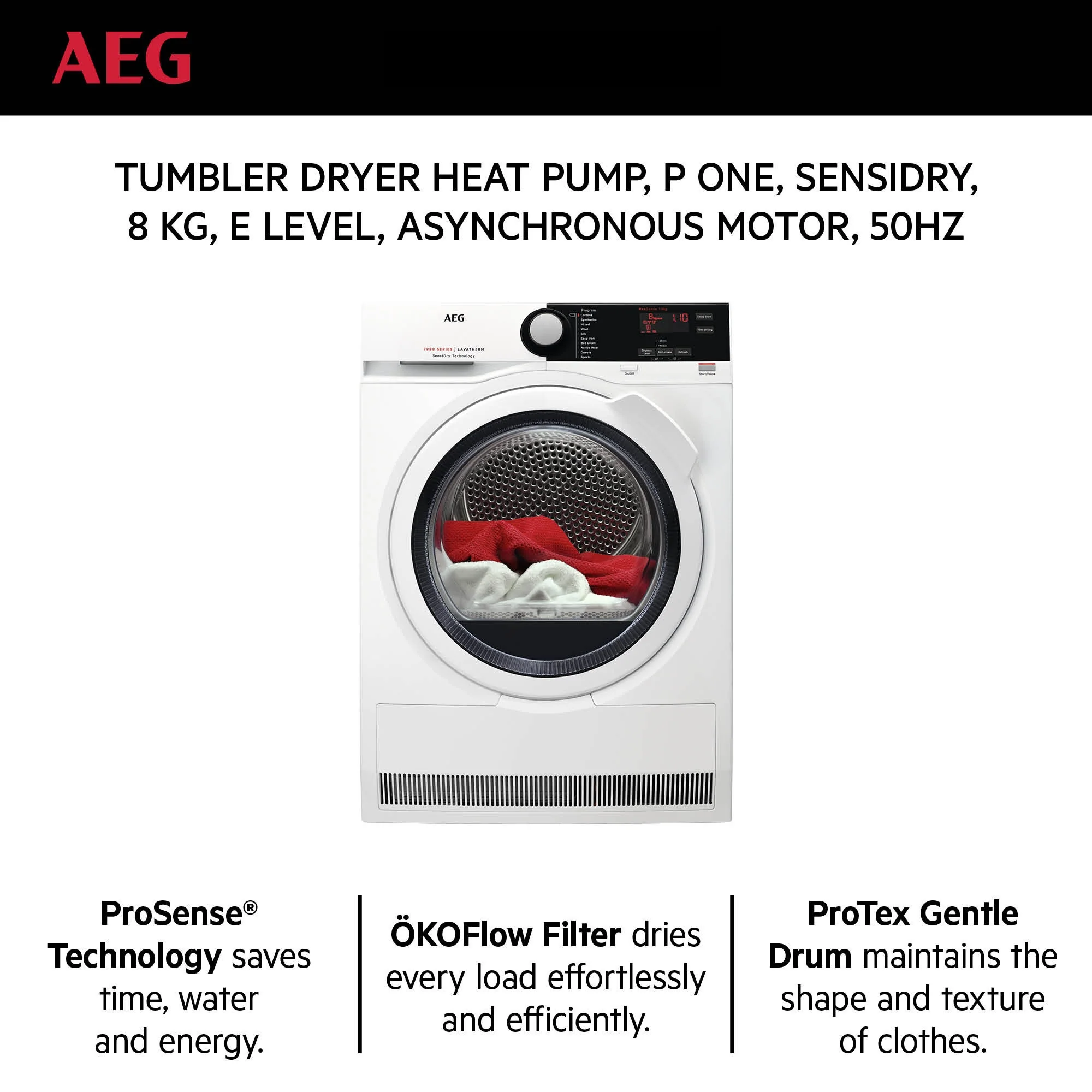 AEG Standalone Front Load Dryer 8 kg, Free standing, Prosense technology, Easy-Iron, Eco dry, White, T7DBE831 - Image 2