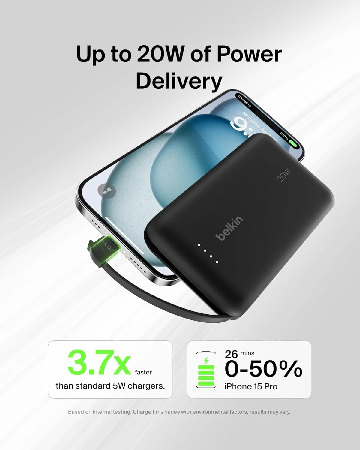 Belkin 10000mAh Power Bank PD 20W with Built-in USB-C Cable – Black