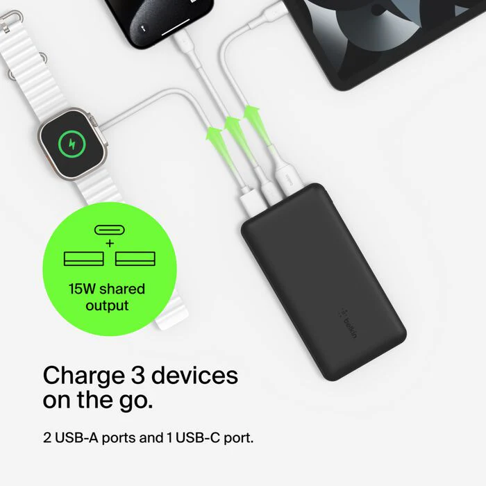 Belkin 20000mAh Power Bank 3-Port Portable Charger 15W – Black - Image 2