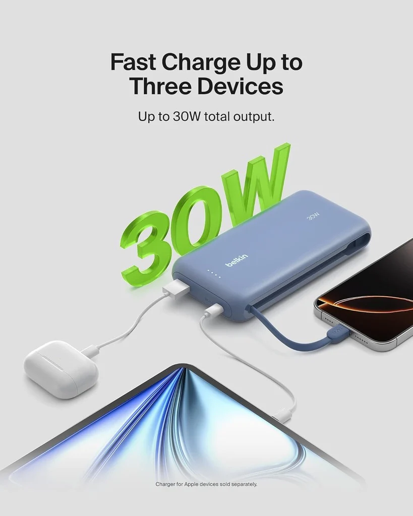 Belkin 20000mAh Power Bank PD 30W with Built-in USB-C Cable – Blue - Image 2