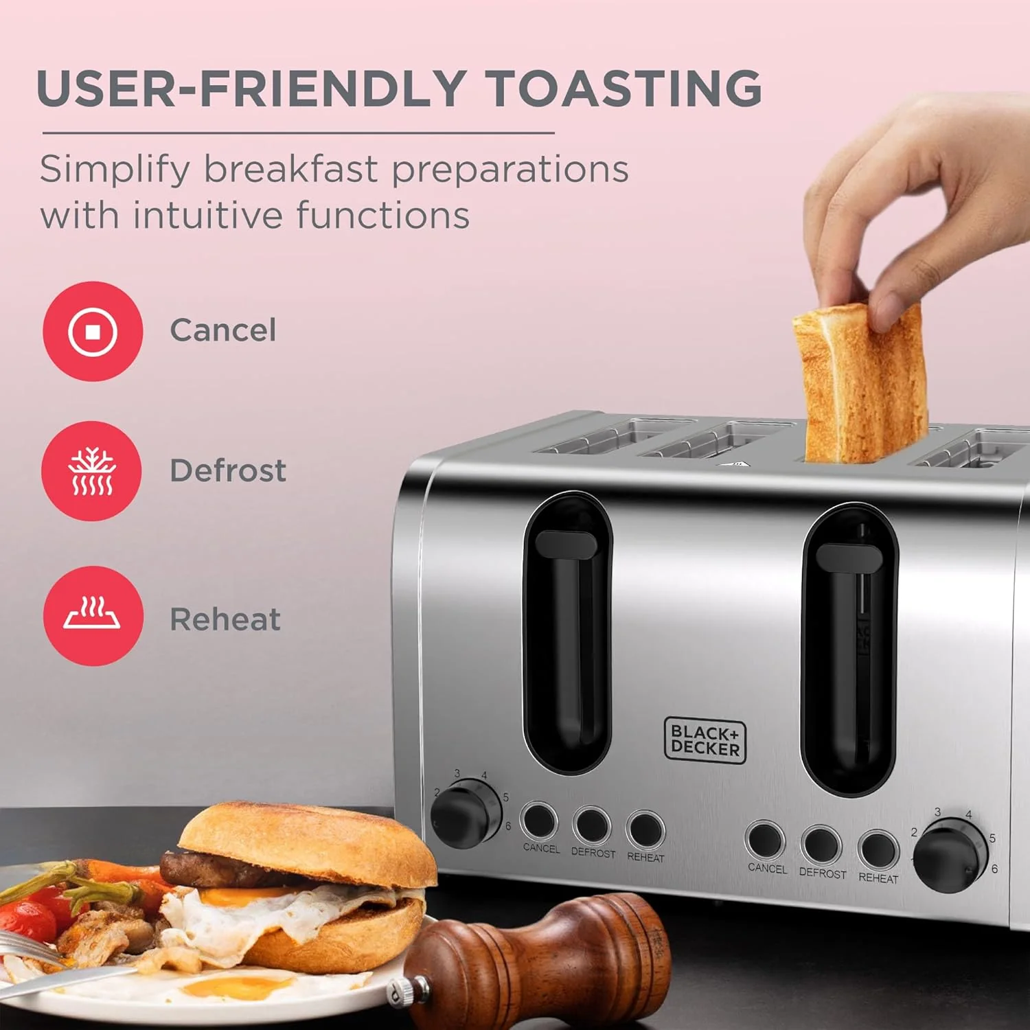 Black + Decker 4-Slice Toaster 2100W, ET444-B5 - Image 4