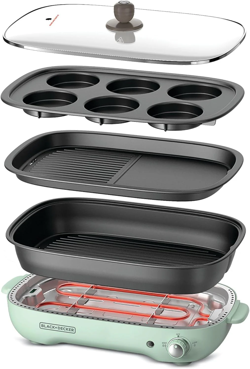 Black + Decker Grill , 3-in-1 Multifunction Grill, 1400W, 4L Family-Sized Capacity, Dual Pattern Grill Plate, 3 Interchangeable Non-Stick Pans for Hotpot, Grilling, Baking & Frying, Green, GMF1400-B5
