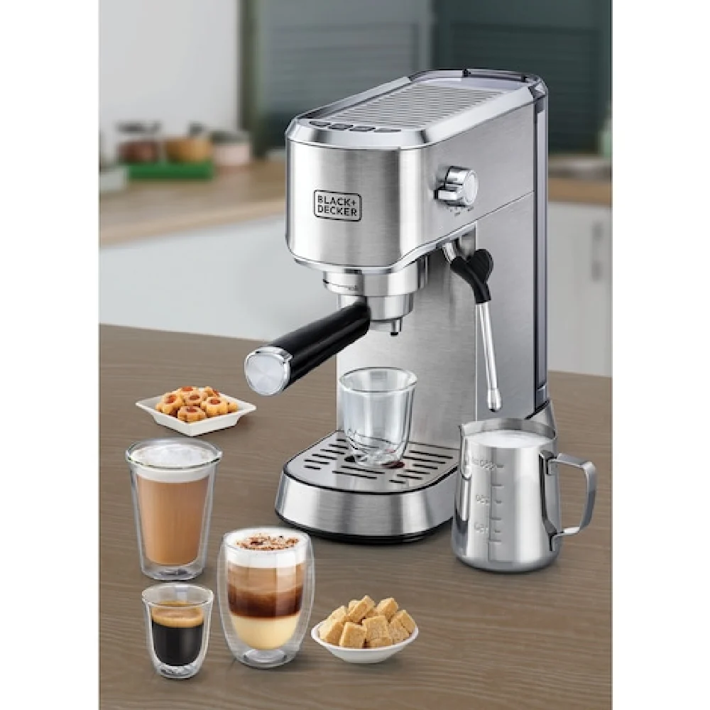 Black + Decker Manual Barista Pump Espresso Coffee Machine, Cappuccino, Latte Macchiato, Milk Frother, 1450W, Silver - Ecm150-B5 - Image 5