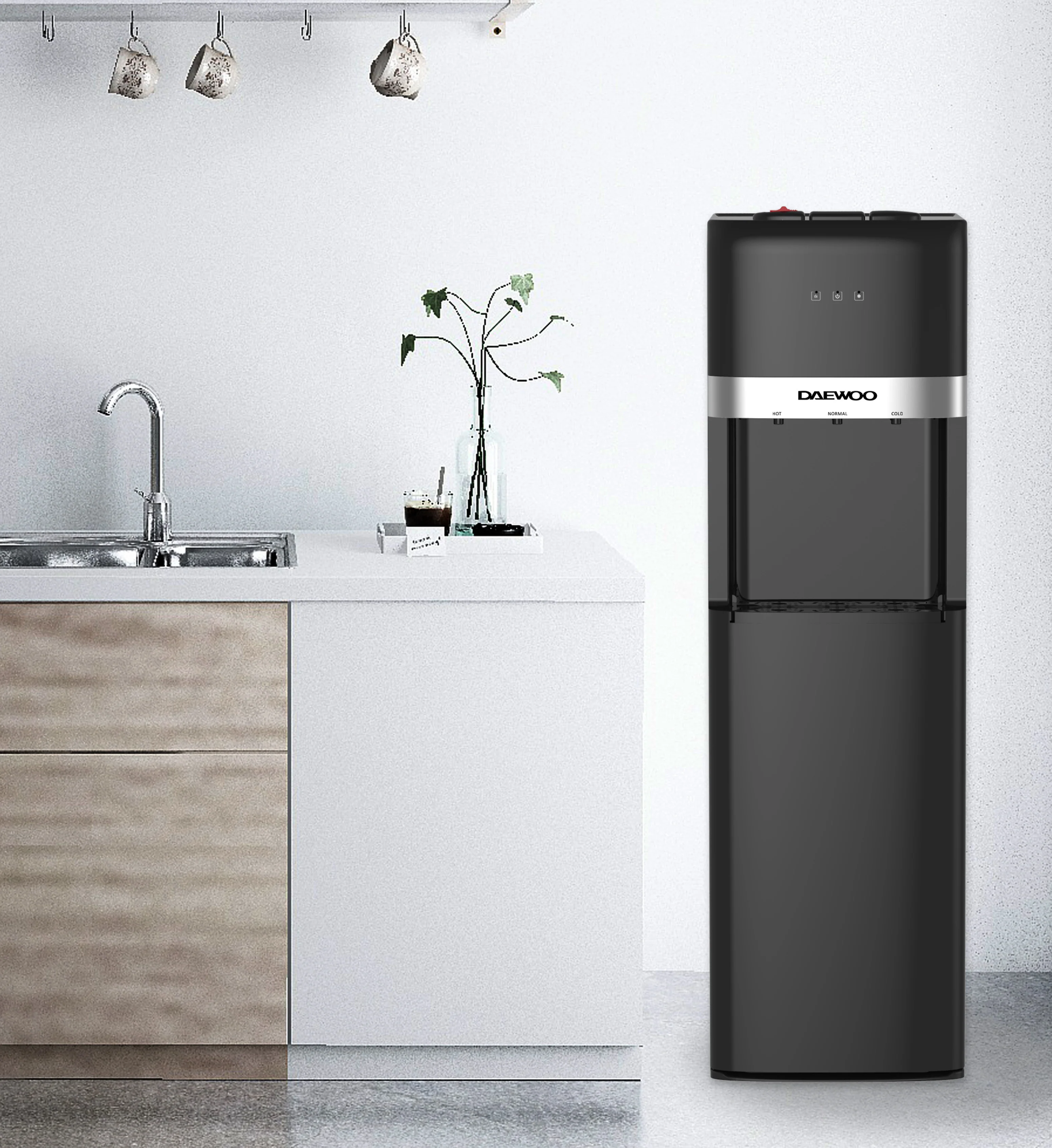 Daewoo Bottom Load Water dispenser with hot, cold and room temperature taps, Bottom loading, Bottle cabinet, Rapid heating, 2 Litre, Low Energy consumption, Black, DWD 601B - Image 2