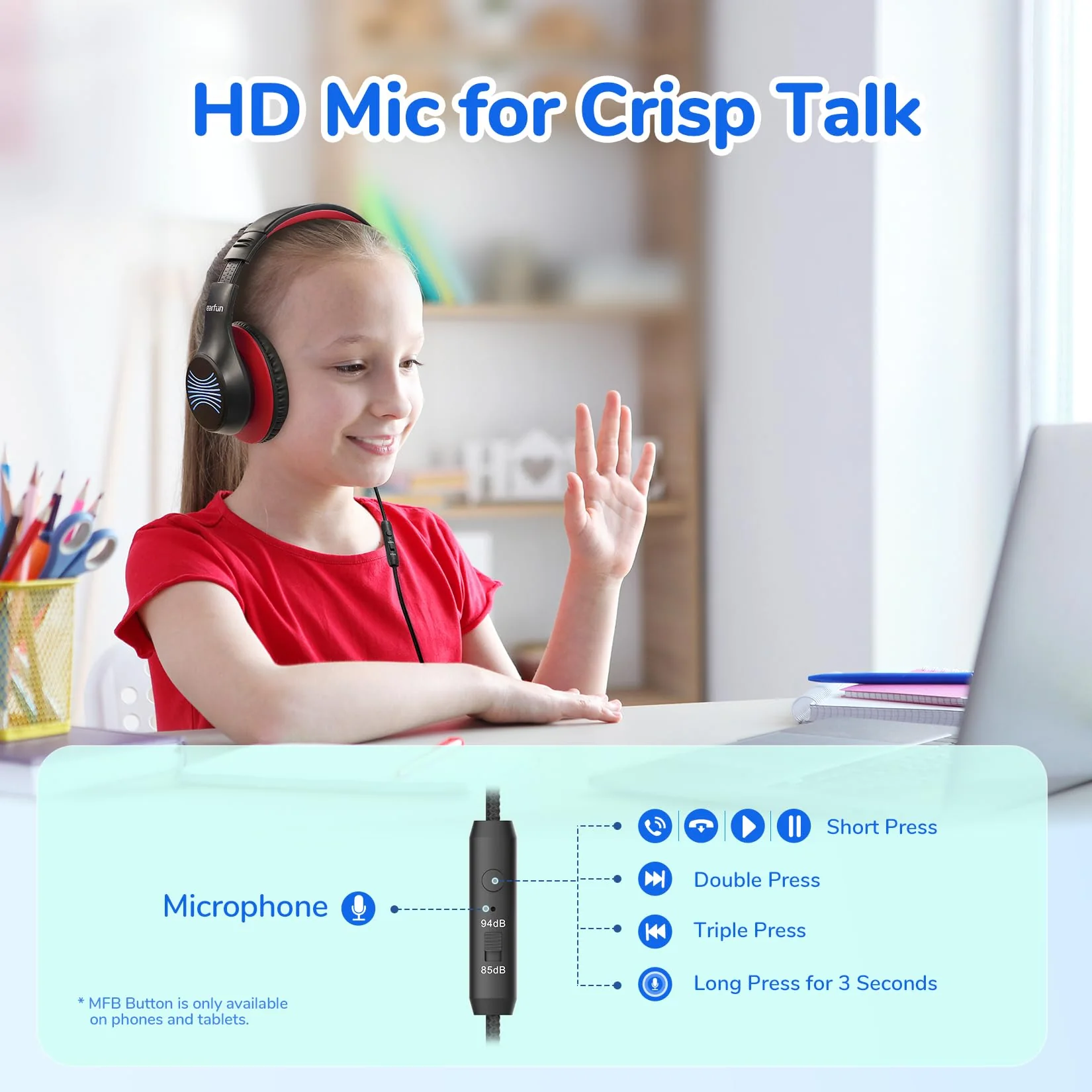 EarFun K3 Kids Headphones, Over Ear Headphones with Microphones, 85/94dB Safe Volume Limit, HD Stereo Sound, 3.5mm Jack, Foldable Wired Headphones for School/Travel/Boys/Girls/Tablet/iPad - Image 3