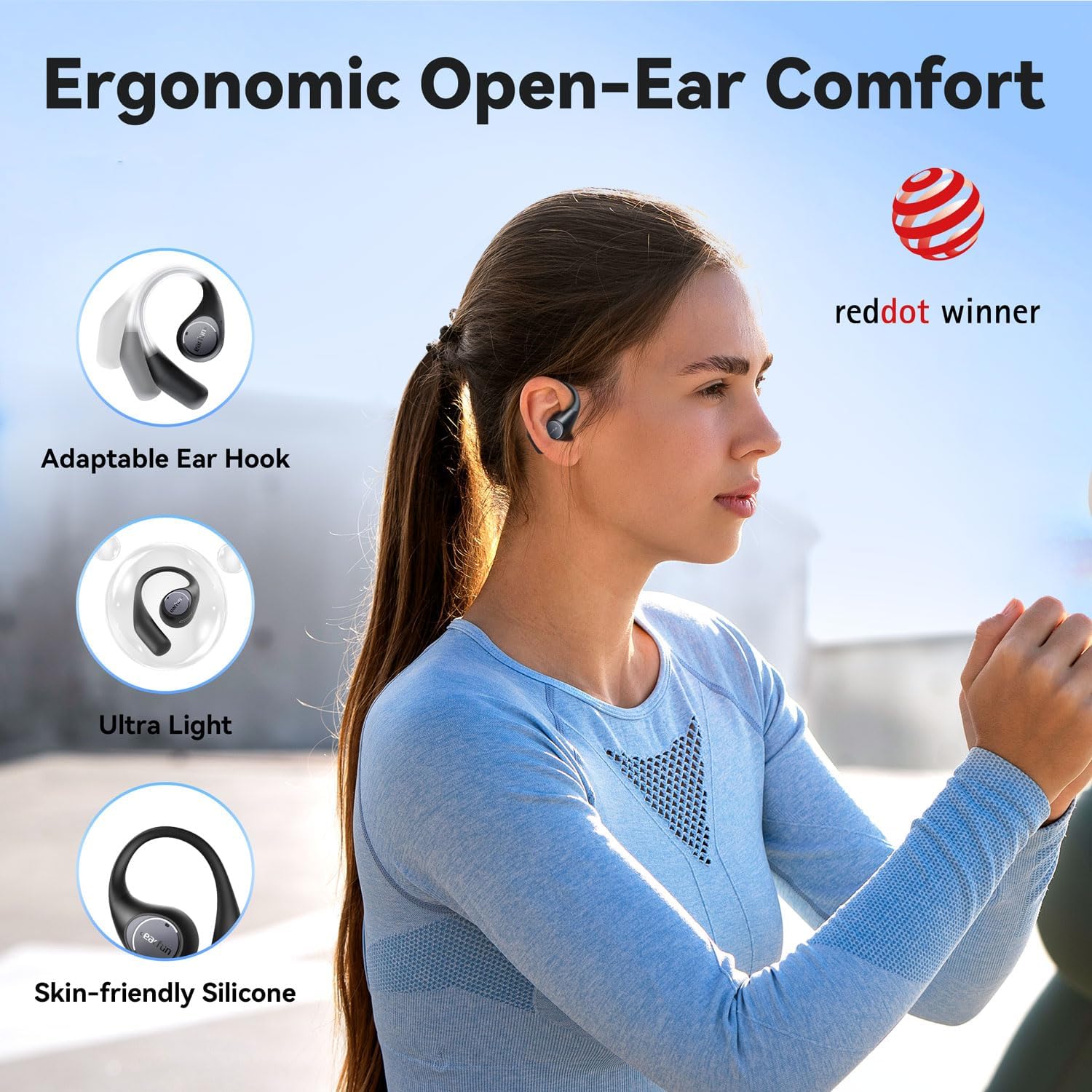 EarFun OpenJump Open Ear Headphones, Wireless Earbuds with Ergonomic Earhook, Hi-Res Sound, LDAC, 4 Mics ENC Call, 42H Playtime, Multipoint Connection, IPX7 Waterproof, Snug Fit for Workout, Running - Image 2