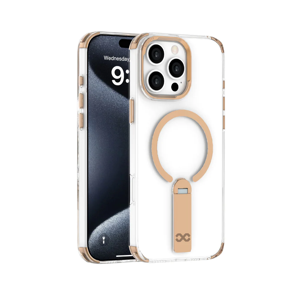 Infinyty Aurum Transparent Case with Gold Metal Camera Ring & Stand for iPhone 16 Pro, Desert Titanium