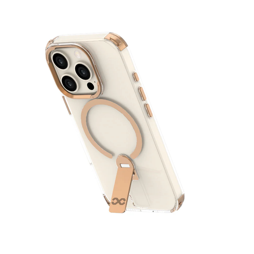 Infinyty Aurum Transparent Case with Gold Metal Camera Ring & Stand for iPhone 16 Pro, Desert Titanium - Image 2