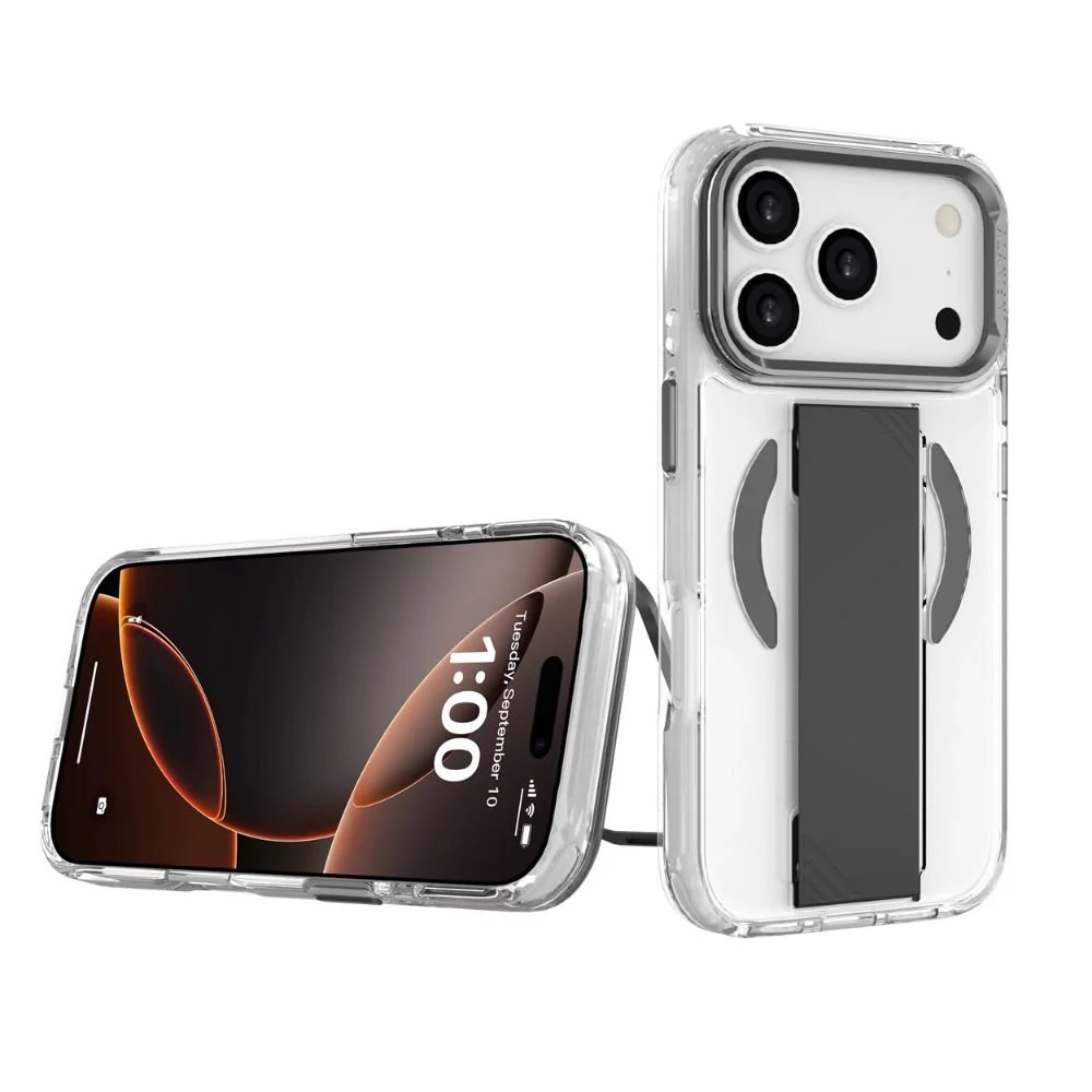 Infinyty Grypsta Clear iPhone Case with Black Grip and Metallic Camera Stand for iPhone 17 Pro