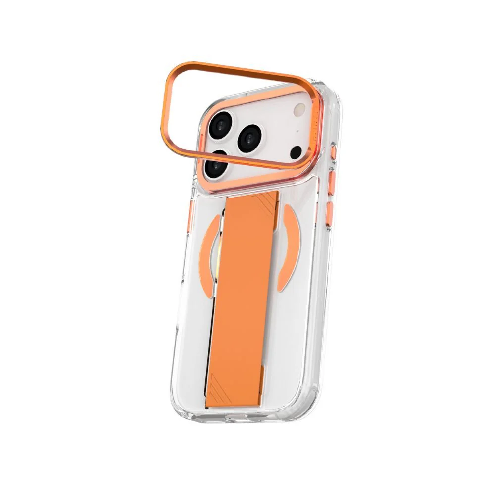 Infinyty Grypsta Clear iPhone Case with Orange Grip and Metallic Camera Stand for iPhone 17 Pro - Image 5