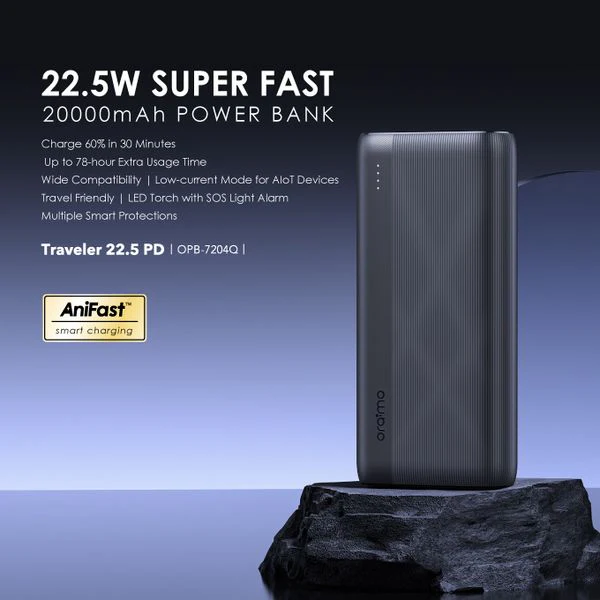 Oraimo Traveler 22.5 LED Torch Power Bank, SOS Lighting Alarm, 22.5W, 20,000 mAh , Black, OPB-7204Q - Image 2
