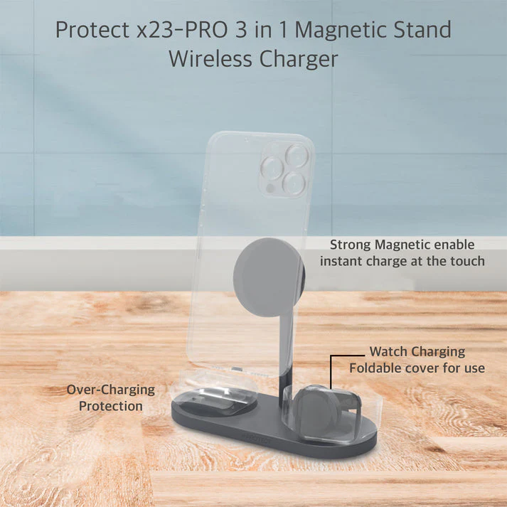PROTECT 3 in 1 Magsafe Phone Stand, Alluminum Body, Fast Charging , For Apple Watch, Apple airpod, wirelss Charging, type C Input, Grey, X23-PRO - Image 3