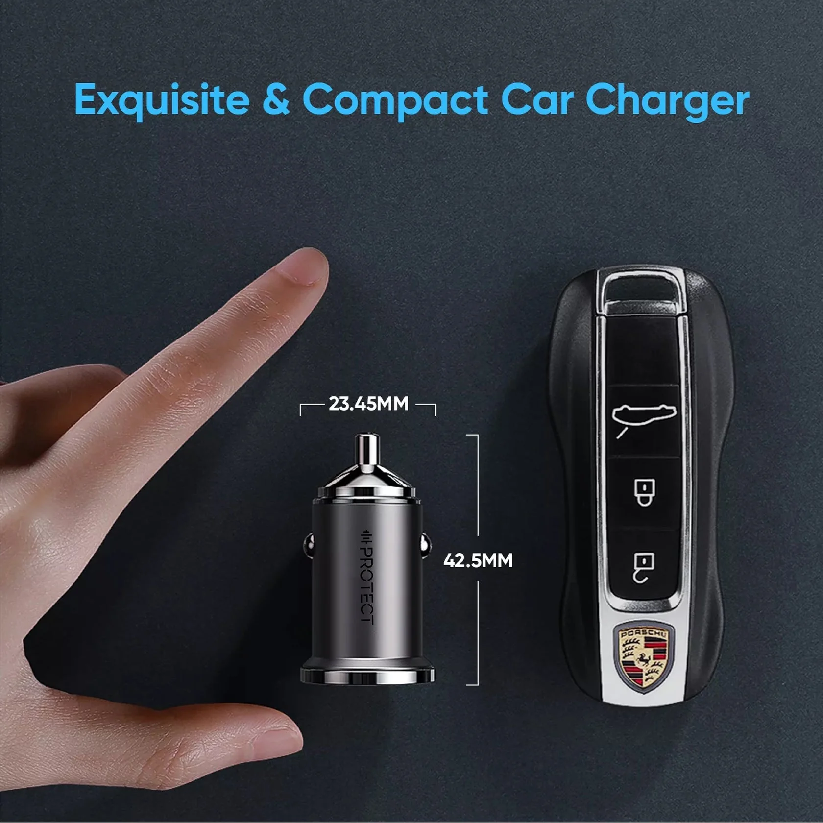 PROTECT Bullet Type C Port Car Charger, USB A Port, 45W, Alluminum , Grey, C-A35 - Image 2