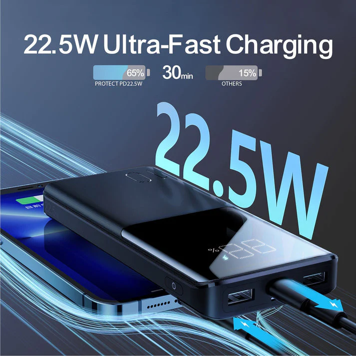 PROTECT Fast Charge 22.5W Power Bank, Type C Charging, Dual Output, 10,000mAh, Digital Screen, With Type C Cable , Black, QP191 - Image 5
