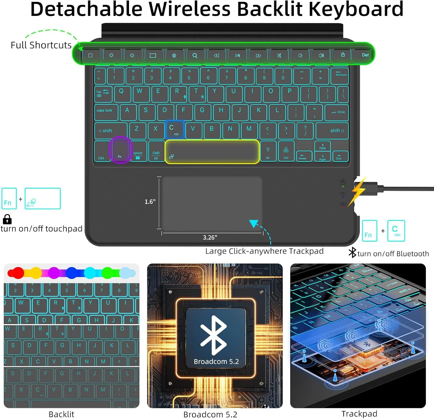 PROTECT SAMSUNG TAB 12.4 INCH Protective Tablet Keyboard, Bluetooth, With Trackpad, Backlit, Grey, HL118A-10P - Image 3