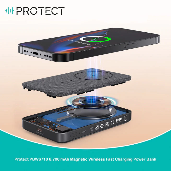 PROTECT Slim Magsafe Power Bank, Wireless, 15W Fast charging , 6,700 mAh, Premium fabric, with stand, Grey, PBW6710 - Image 2