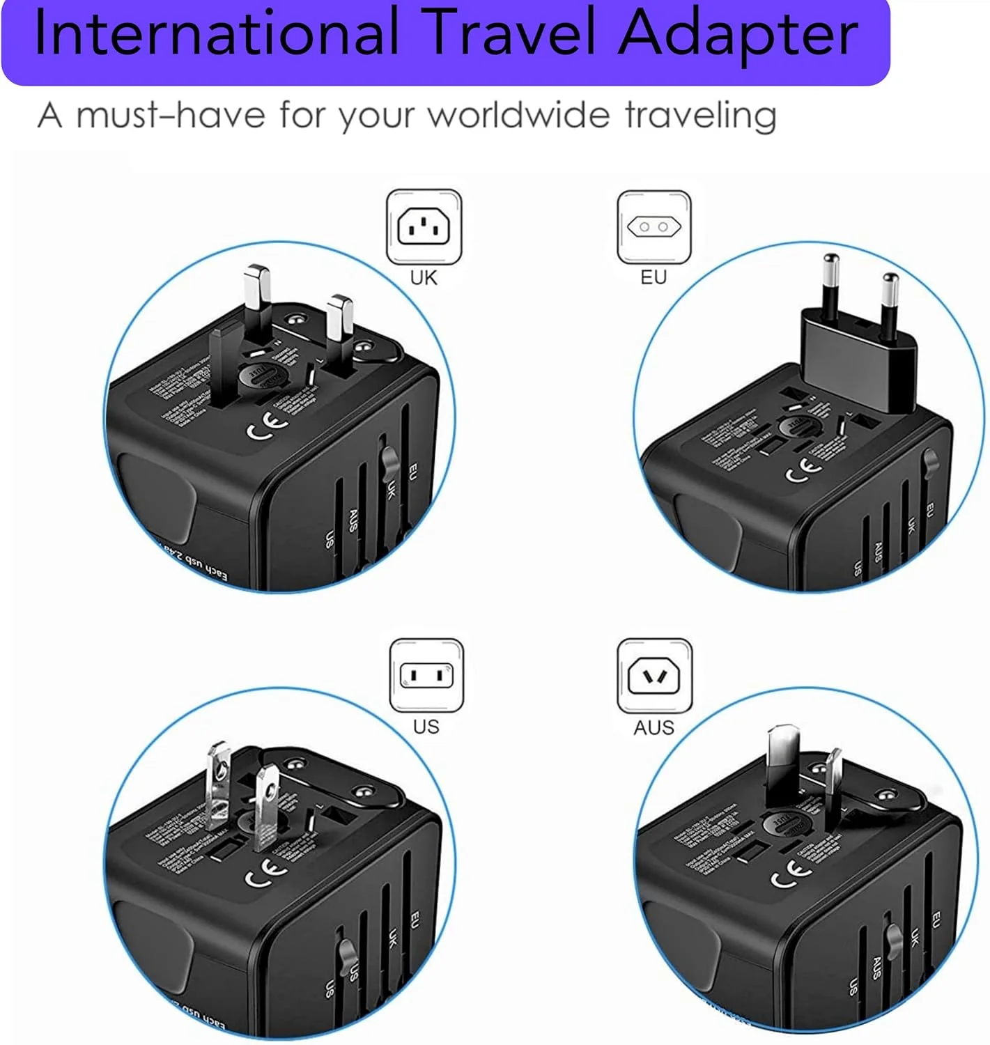 PROTECT  Travel Essential Universal Adapter, 6 A Ceramic Fuse, 1 Type C Output, 3 USB A Output, Black, SL-199-3U-T - Image 2