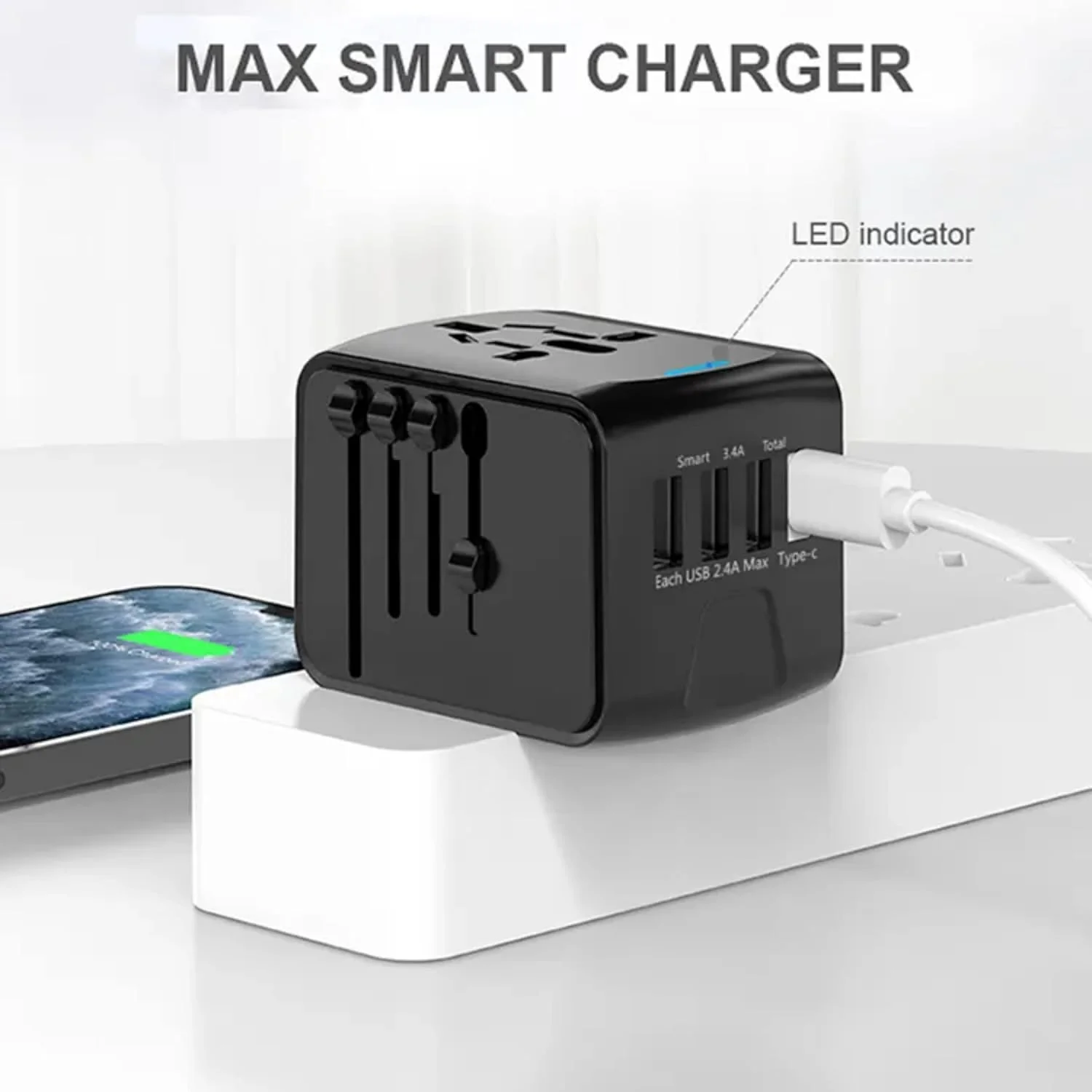 PROTECT  Travel Essential Universal Adapter, 6 A Ceramic Fuse, 1 Type C Output, 3 USB A Output, Black, SL-199-3U-T - Image 3