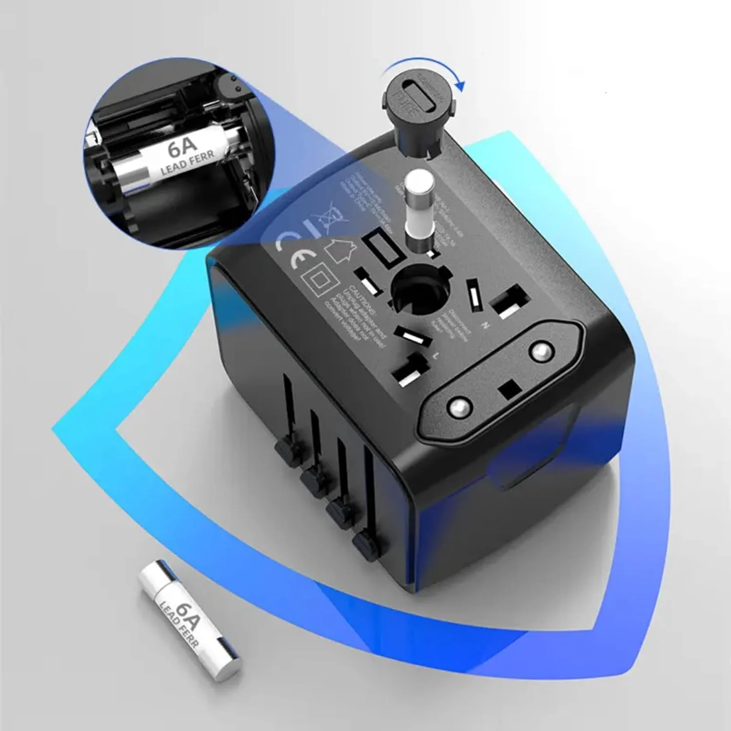 PROTECT  Travel Essential Universal Adapter, 6 A Ceramic Fuse, 1 Type C Output, 3 USB A Output, Black, SL-199-3U-T - Image 6