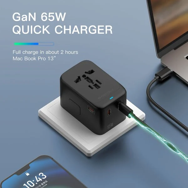 PROTECT  Travel Essential Universal Adapter, 65W, Charging, USA EU UK AU, Type C Output, USB A Output, Black, PQ65 - Image 5