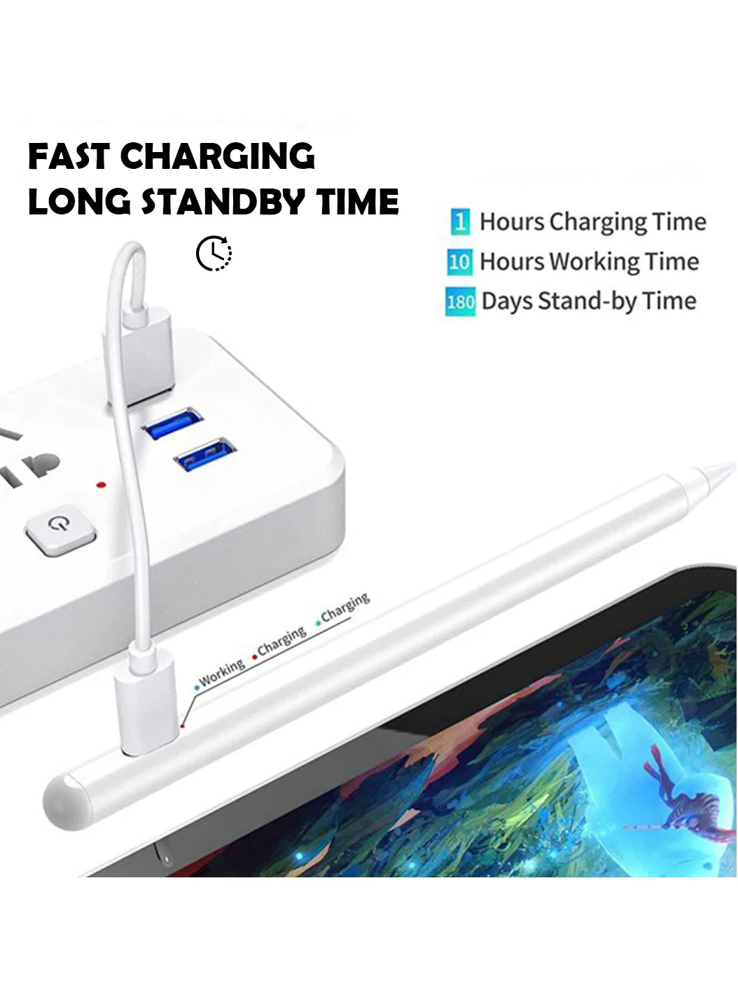 PROTECT  Universal Pencil Stylus Pen, Type C Charging, With Type C Cable, White, PPK08 - Image 2