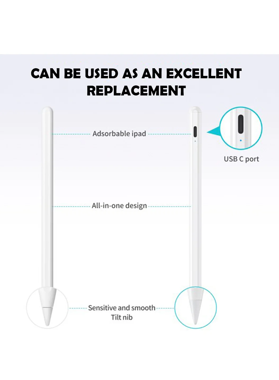 PROTECT  Universal Pencil Stylus Pen, Type C Charging, With Type C Cable, White, PPK08 - Image 4