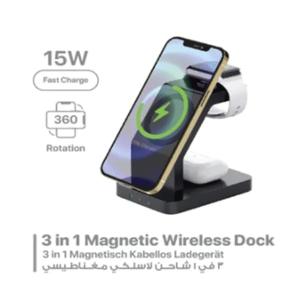 Smart 3-In-1 15W Magnetic Wireless Charging Dock Black - Image 2