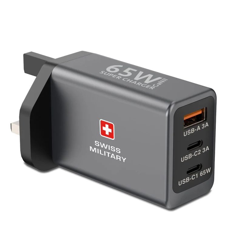 Swiss Military 65W GaN Fast Charger with 2 USB-C & 1 USB-A Ports