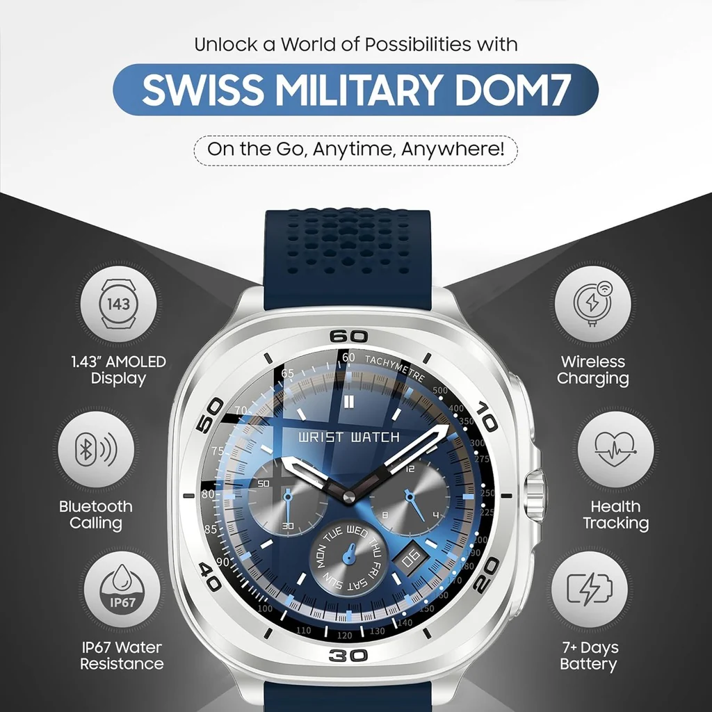 Swiss Military DOM7 Smartwatch – Silver Blue Metal Strap - Image 2