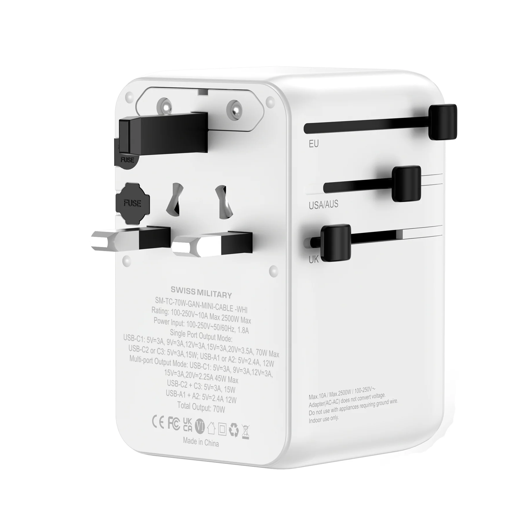 Swiss Military International Travel Adapter 70W GaN Fast Charger with Built-in Cable White - Image 3